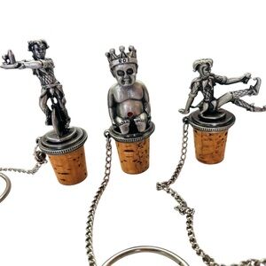 Vtg Royal Order Jesters Pewter Wine Bottle Cork Stoppers & Neck Chains Figurines